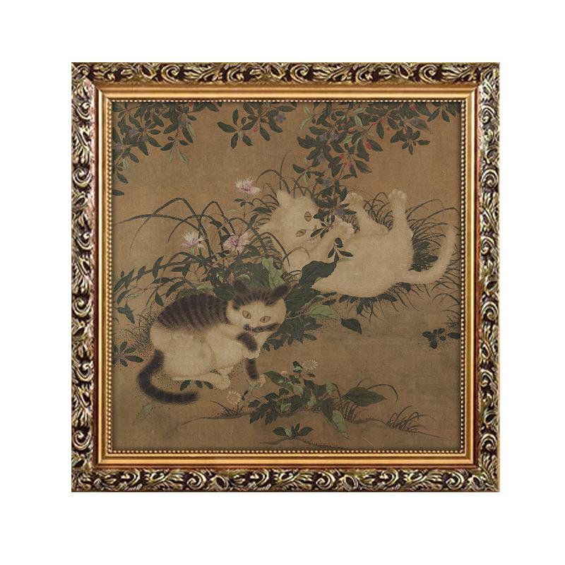 猫咪装饰画唐代嬉春图法式复古风新中式儿童房卧室壁画动物挂画图片