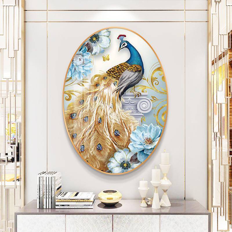 孔雀新中式入户玄关装饰画现代走廊过道椭圆形挂画大气寓意好壁画图片