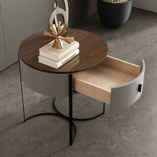 QS2号圆柜极简圆形实木现代简约胡桃木床头柜烤漆五金高脚储物柜