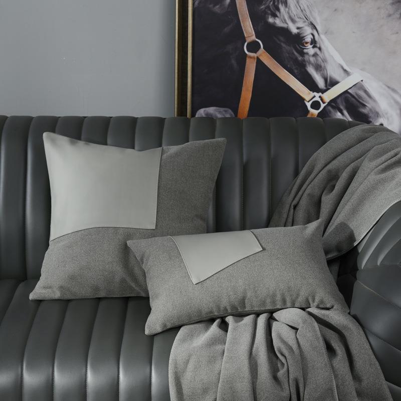简约轻奢皮革拼接沙发方抱窗样板房烟灰SNV书房饰装腰枕枕飘靠垫