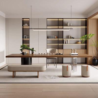 现代简约实大板茶桌创SGE椅组合木轻奢克意W型亚力悬浮泡茶台商务