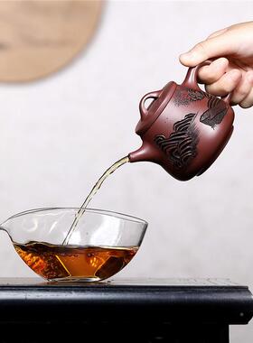 宜紫茶砂00934壶原矿兴血砂观山高石瓢刻绘紫龙砂壶茶具