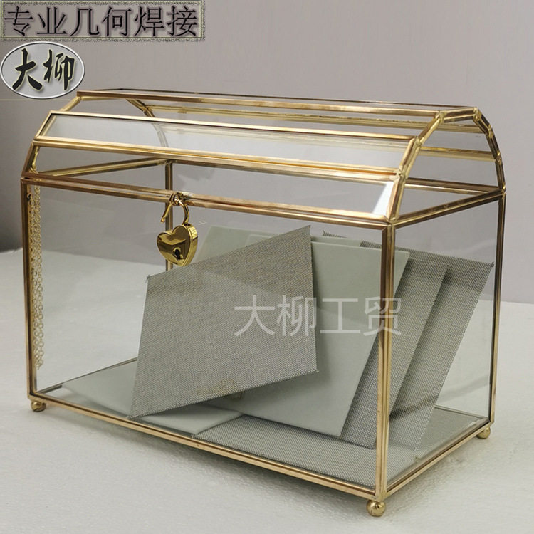 G622CD工厂直销金色全铜几何透明玻璃翻盖带锁婚礼卡片盒收纳盒