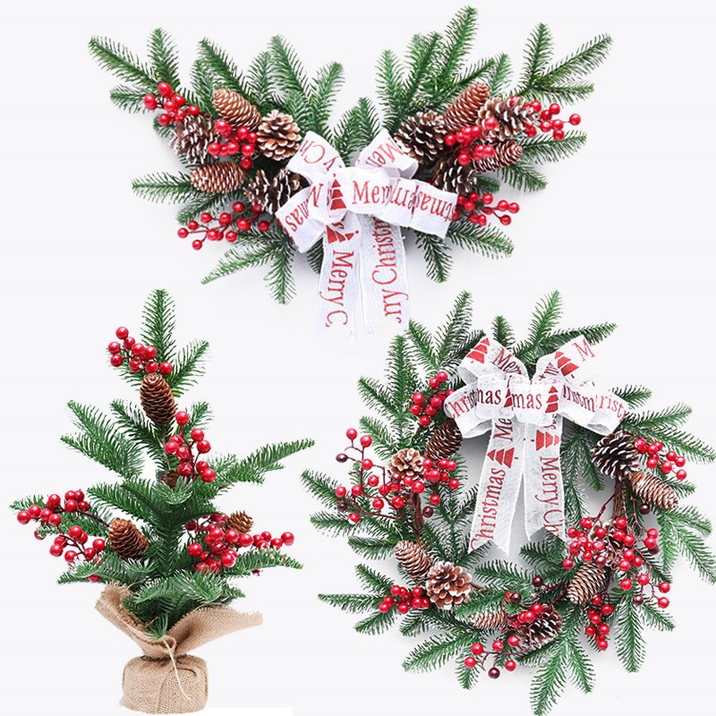 速发小mPE叶圣诞花环藤条圣诞4树圣m牛角藤条混合红果6诞装饰花环