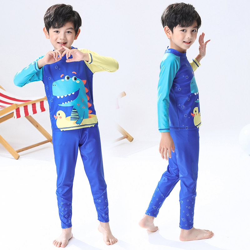 速发儿中男童童大童学生分体防长速干晒袖恐龙泳裤套装温泉泳装