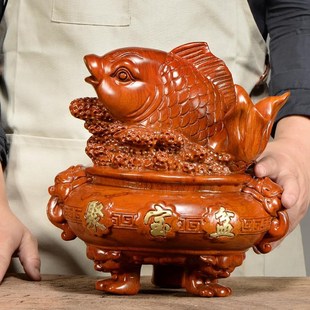 速发花梨实木雕刻年宝盆摆业木头根雕聚年有余创意开件礼品电视柜