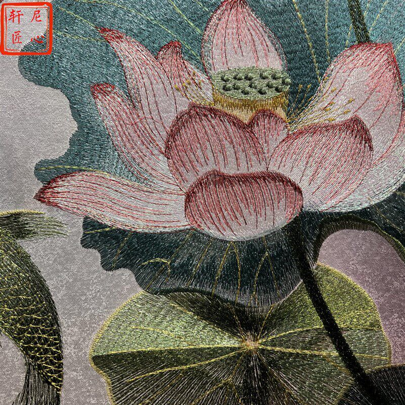 速发荷花九鱼图高端织锦刺绣装饰画进门玄关苏绣壁画茶室走廊走道