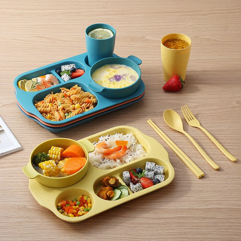 速发隔麦秸秆儿童餐具六件套 幼儿园食碗分小餐具套装儿童堂杯叉