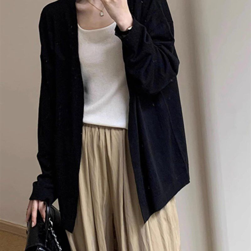 速发法式黑秋针织开衫外套早色中肩款外搭高级感宽松慵懒风披长上