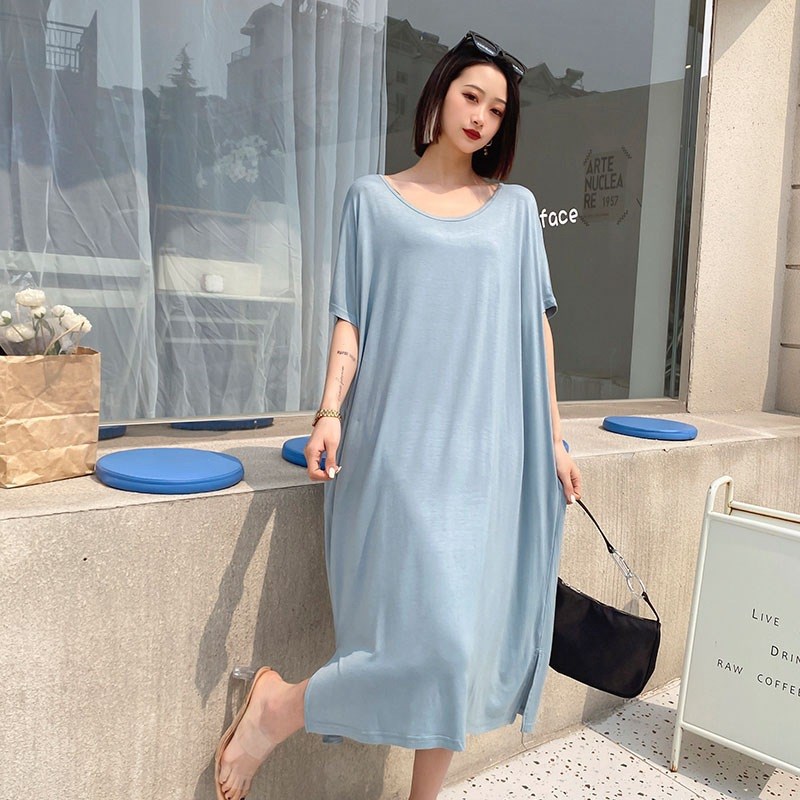 速发蝙蝠袖宽松睡码莫代尔款裙夏薄大睡衣孕妇家居服连衣裙
