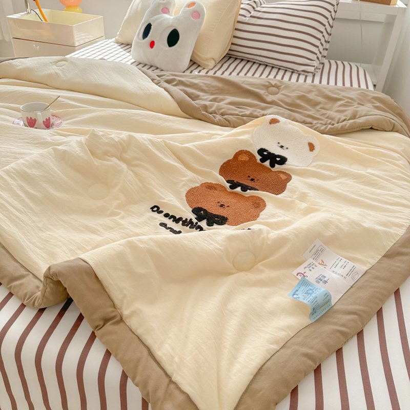 速发少毛巾绣水洗棉夏被四件套薄凉被薄轻空款可机洗夏调被