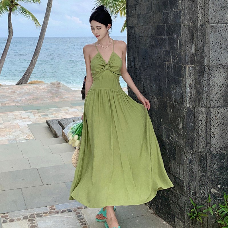 速发海南三亚旅行穿搭绿色显白假边度沙连衣裙露背吊带海滩裙