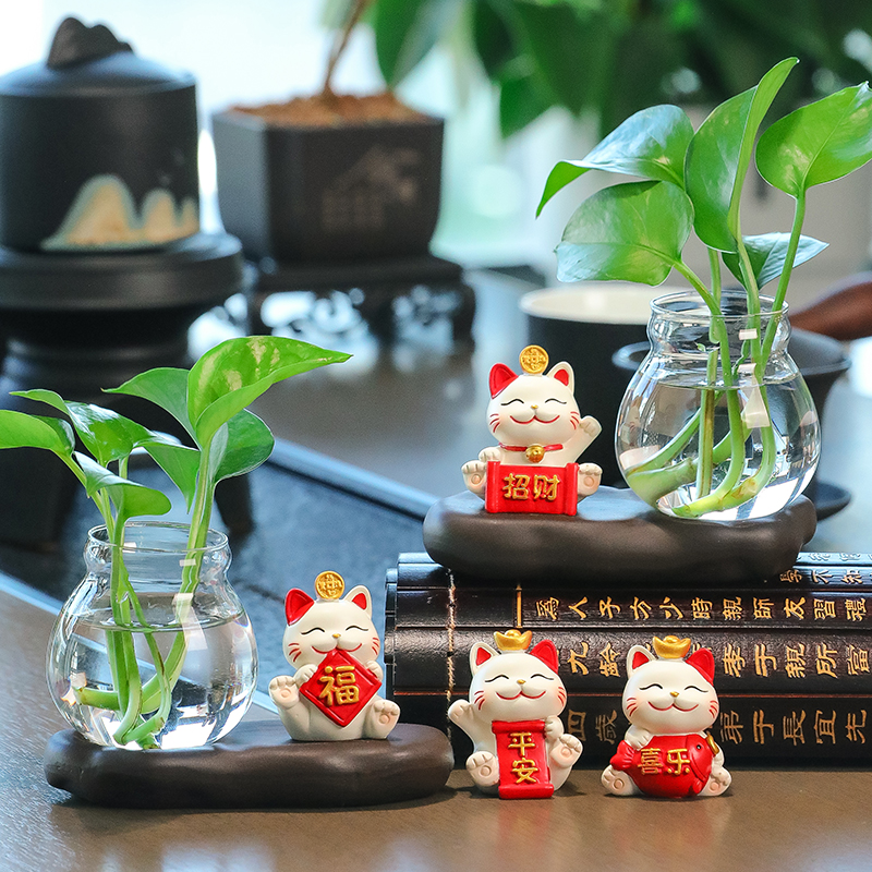 速发瓶爱招财猫萌趣治摆系水培愈件桌面工位绿萝玻璃器皿花可装饰