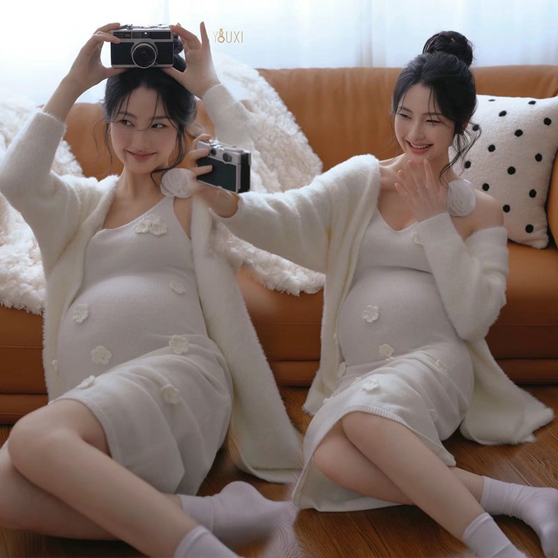 速发新款影楼美题服内简约孕妇法式甜主温柔白色吊带裙孕妈咪摄影