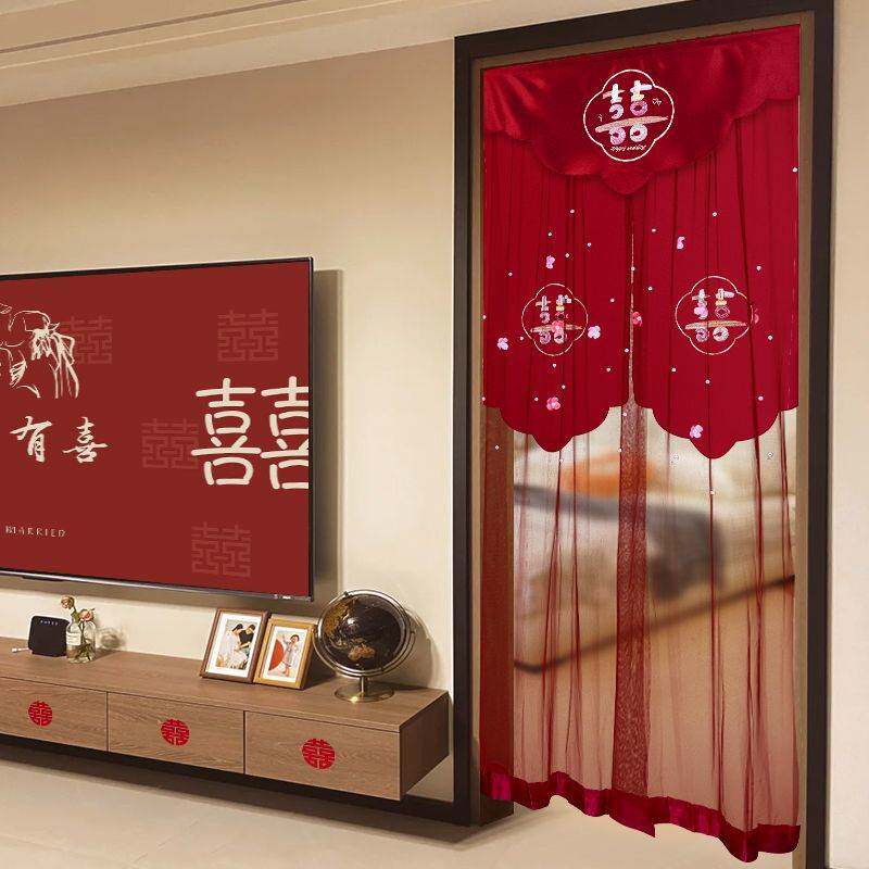 速发结婚门帘红色加厚印花棉布艺新婚房门喜字长短款挂帘婚庆用品
