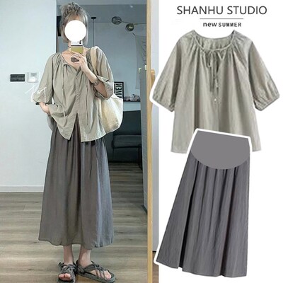 速发孕妇上衣夏季时款潮妈夏装套装薄尚宽套半身裙两件松外穿