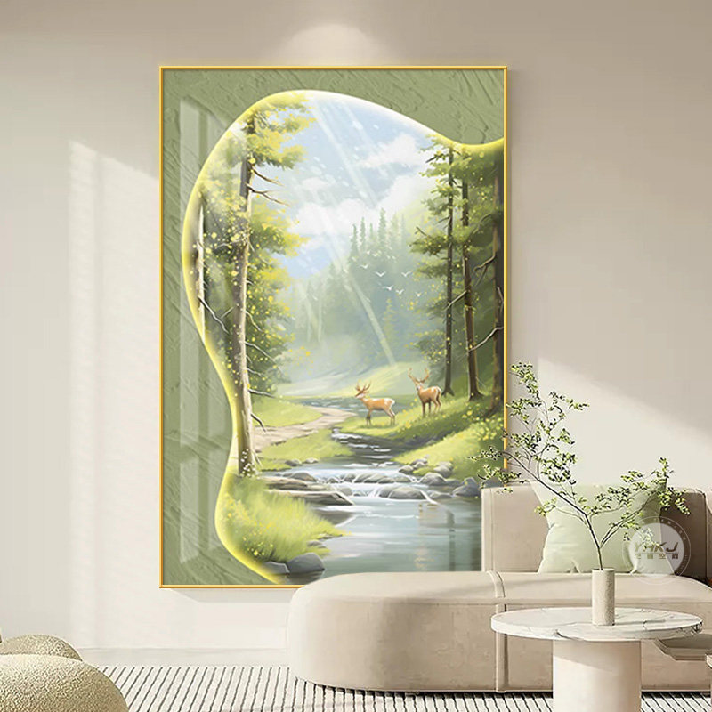 速发风景山水画客厅装地绿高级感大幅落饰画墙画画色玄关挂画壁画