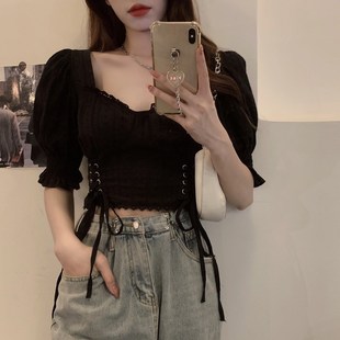 速发大码韩版高级感抽绳系带泡泡袖款衫夏新短小上衣潮季款