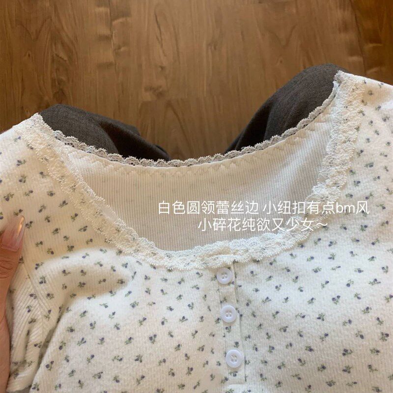 现货复古小碎花j正肩低领长袖衫女秋冬小众蕾丝边修身显瘦保暖内