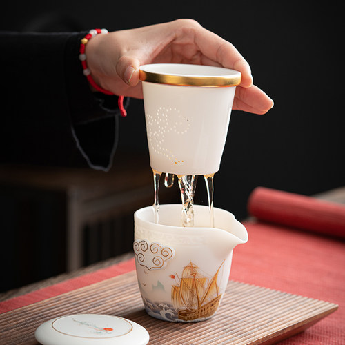 唐舍 羊脂玉g瓷快客杯一壶二杯旅行茶具套组可携式包德化白瓷泡茶