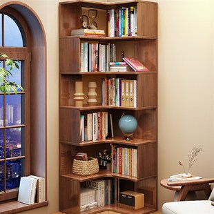 实木转角落地置物架书架一体靠墙多层书柜家用客厅房间杂志收纳架