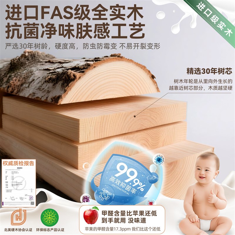 速发纯实木原木书柜带玻璃门防尘儿童房书架落地置物架靠墙一体收