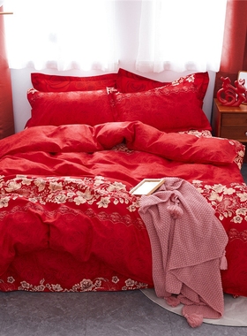 新品斜纹磨毛f新婚简约大红色婚庆结婚加厚1.8米2m双人被套四件套