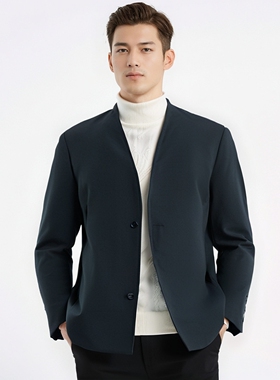 XUBIAN ShowTime 全羊毛V领西服男中长款宽松单排扣无领西装外套