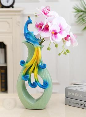 新中式花孔雀花办瓶客厅桌面公桌餐桌视柜插电干花装饰品轻百鸟花