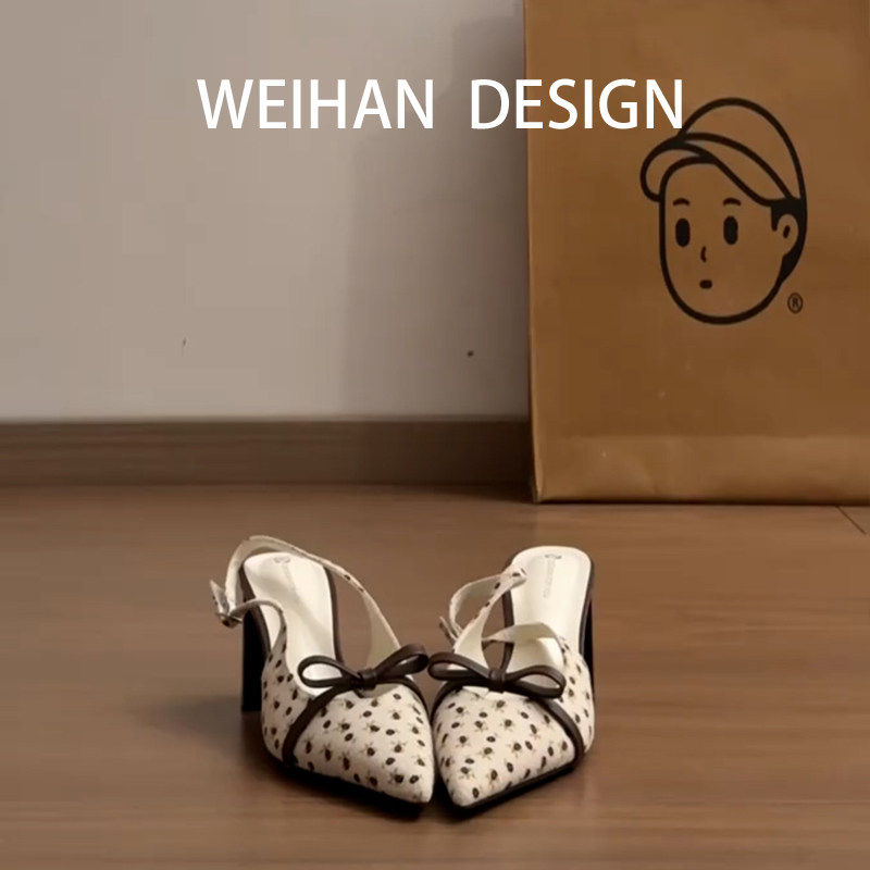 羊皮版！法式复古碎花粗跟凉鞋女配裙子后绊带蝴蝶结不累脚高跟鞋
