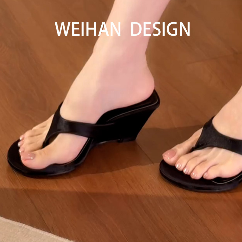 羊皮版！法式简约通勤夹趾人字拖外穿圆头露趾一脚蹬百搭坡跟凉拖