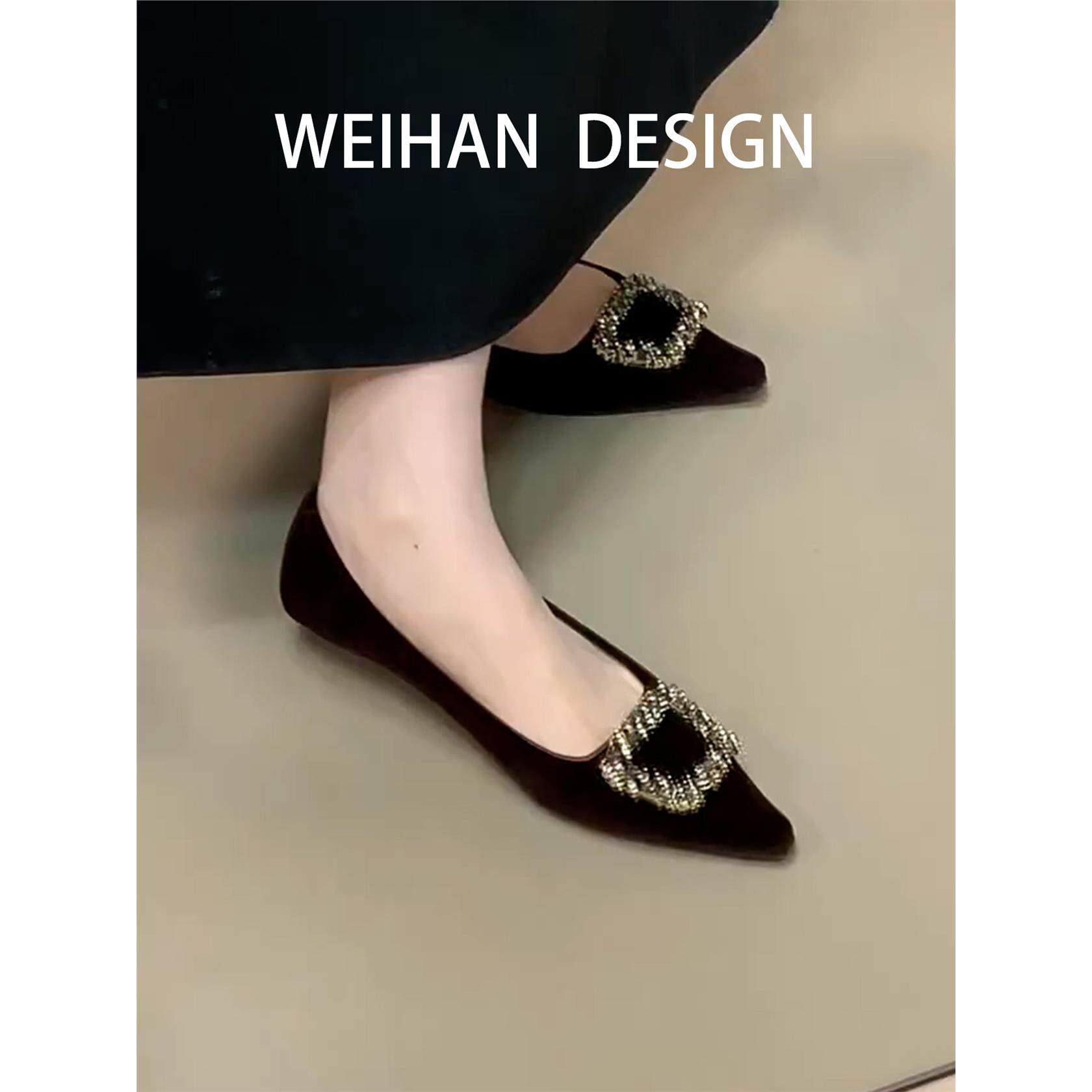 羊皮版！法式尖头水钻方扣单鞋女软底浅口低跟工作鞋通勤覆古瓢鞋