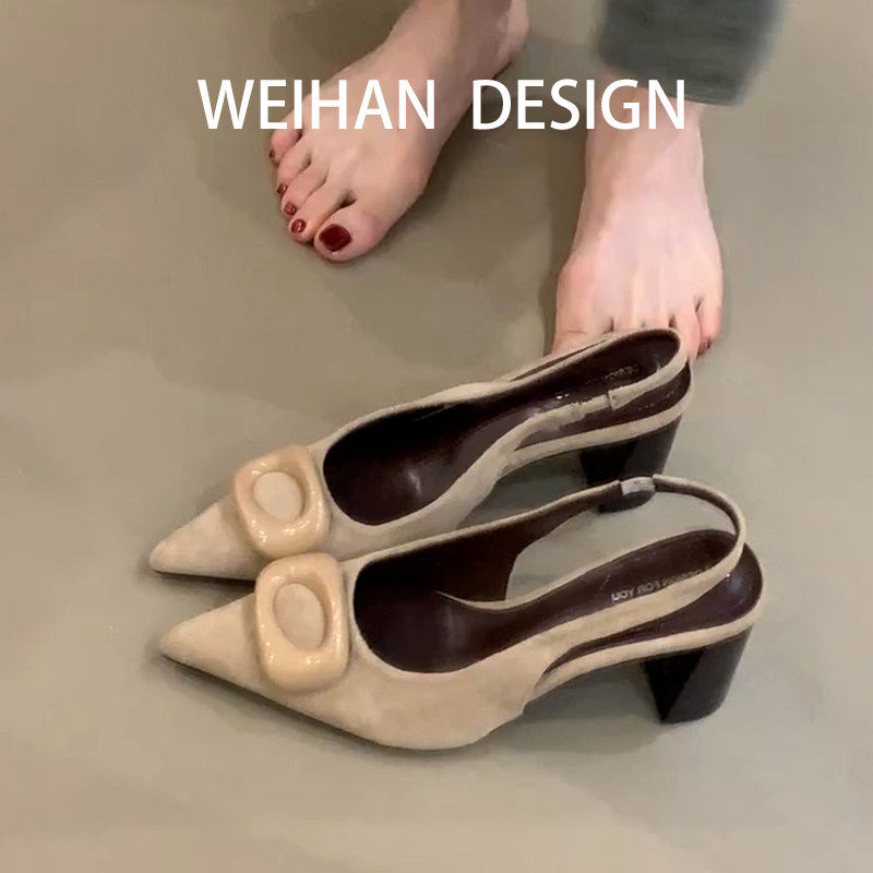 羊皮版！复古尖头方扣后空单鞋女粗跟法式通勤风浅口不累脚高跟鞋