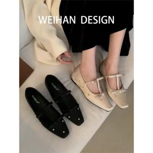 羊皮版！法式绸缎蝴蝶结内增高单鞋女一字带水钻小香风玛丽珍鞋