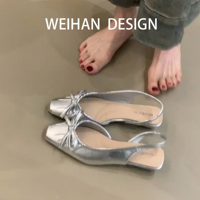 羊皮版！法式复古坡跟皱褶包头凉鞋女夏季外穿配裙子低跟后空单鞋