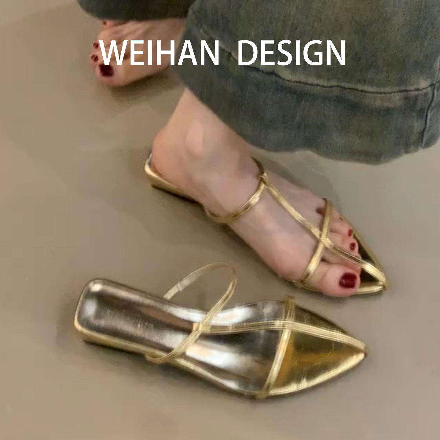 羊皮版！法式简约细带尖头凉鞋女低跟气质显瘦懒人一脚蹬罗马凉拖