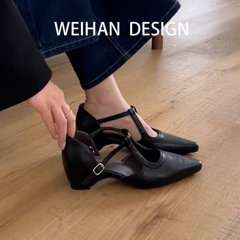 羊皮版！内增高尖头中空浅口单鞋法式复古镂空一字带粗跟包头凉鞋