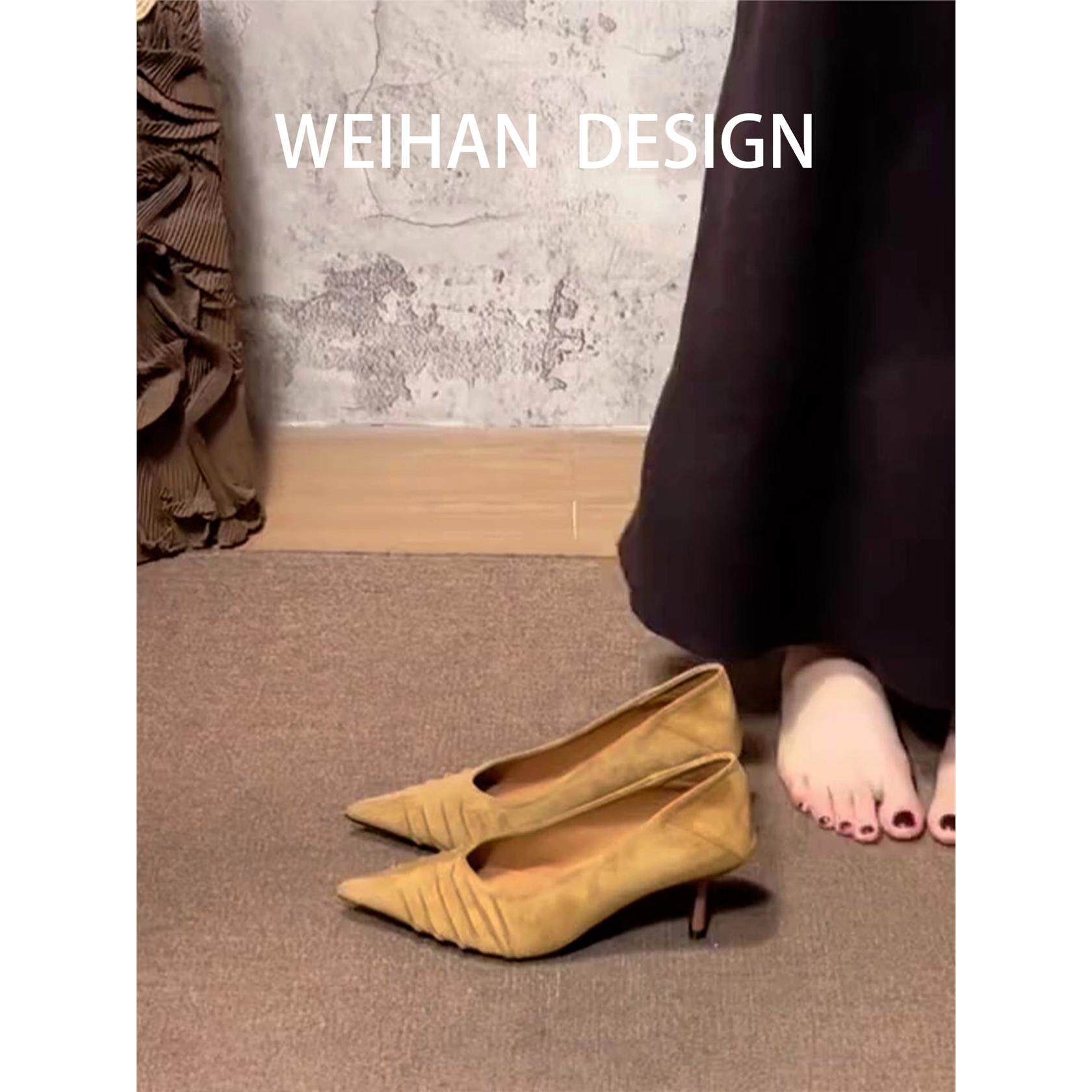 羊皮版！复古尖头褶皱浅口细跟单鞋不累脚配裙子高跟鞋通勤工作鞋