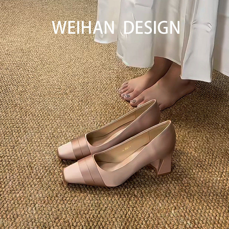 羊皮版！法式名媛粉色高跟鞋女粗跟方头气质绸缎不累脚玛丽珍单鞋