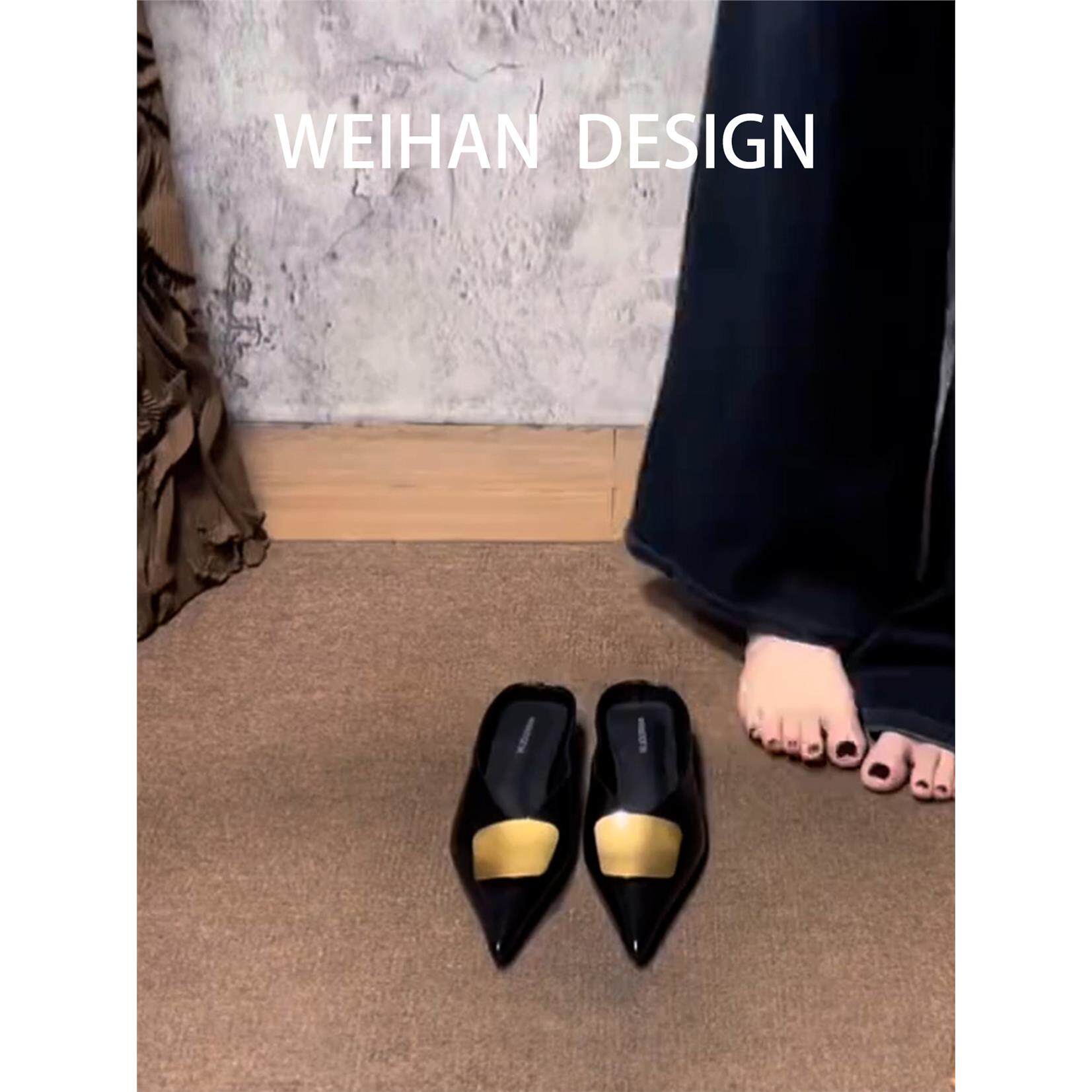 羊皮版！金属扣包头半拖鞋女夏尖头黑色平底凉拖鞋通勤百搭穆勒鞋