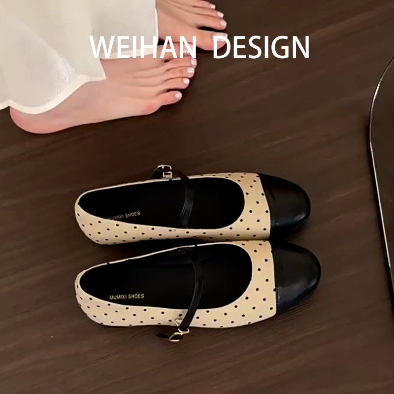 羊皮版！小香风波点玛丽珍鞋女一字带拼接配裙子百搭平底浅口单鞋
