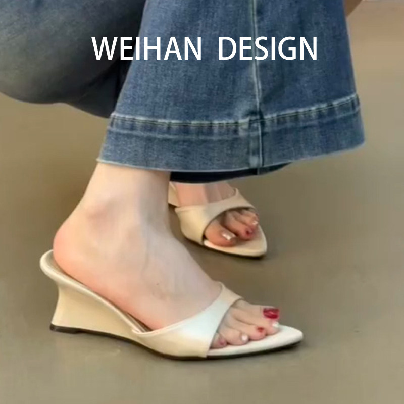 羊皮版！简约高级感尖头坡跟鞋女外穿露趾一脚蹬配裙子高跟一字拖