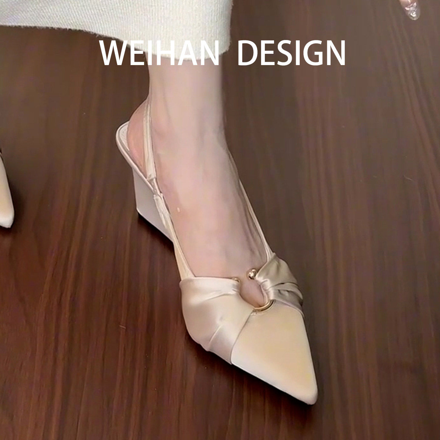 羊皮版！镂空坡跟内增高凉鞋女夏季新款配裙子尖头后空气质高跟鞋