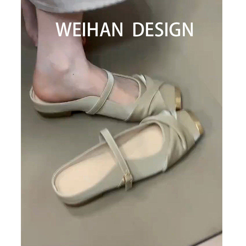 羊皮版！法式复古包头凉鞋女外穿内增高褶皱金属方头玛丽珍凉拖鞋