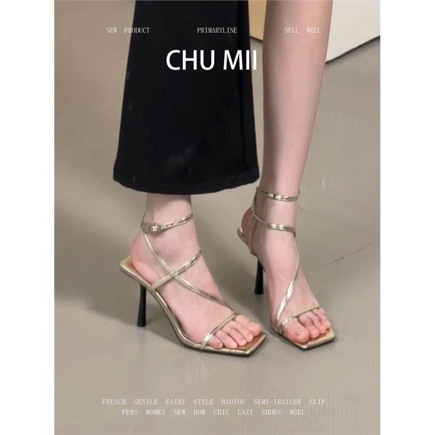 羊皮版~金色高跟鞋女性感方头细带细跟罗马凉鞋时尚单鞋不累脚