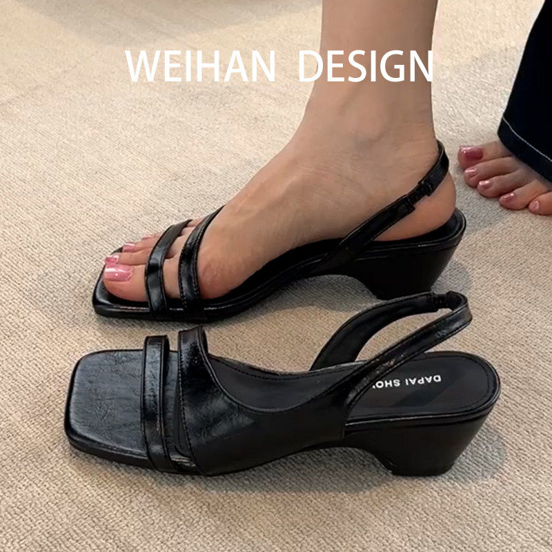 羊皮版！法式黑色方头双带凉鞋女夏外穿休闲风露趾简约坡跟罗马鞋
