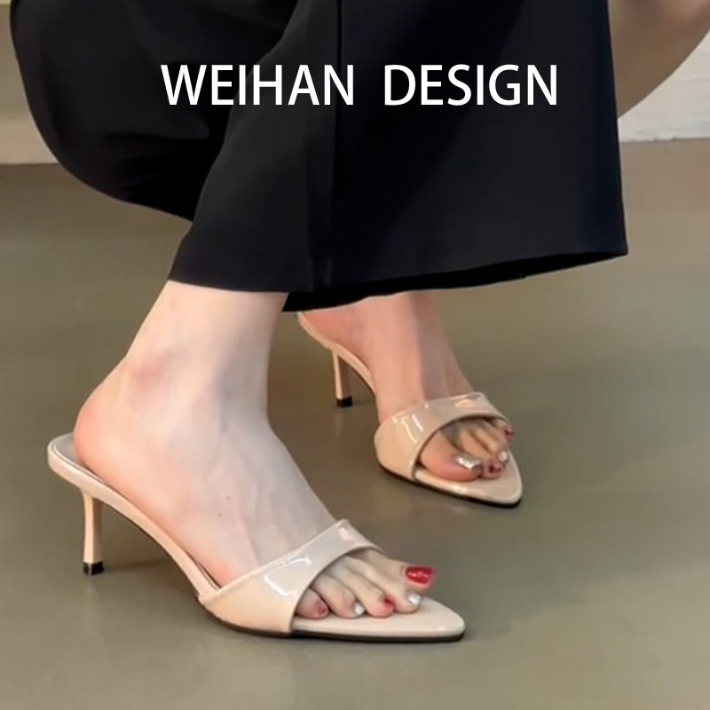 羊皮版！法式简约漆皮一字拖鞋女软底通勤尖头细跟一脚蹬休闲凉拖