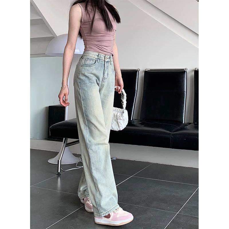 美式浅色窄版阔腿牛仔裤女小个子春秋高腰宽松加绒直筒拖地裤子冬