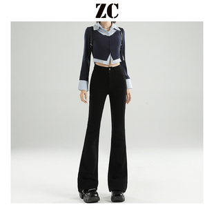 黑色微喇叭牛仔裤女2024冬季加绒高腰显瘦弹力修身小个子马蹄裤子