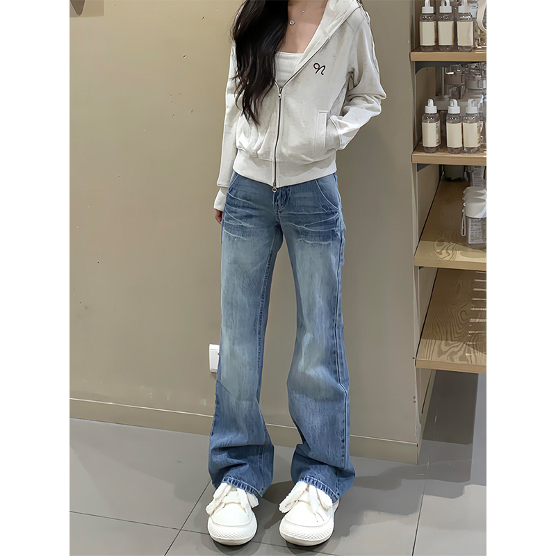 小个子美式复古低腰微喇叭牛仔裤女裂纹设计感直筒宽松显瘦阔腿裤